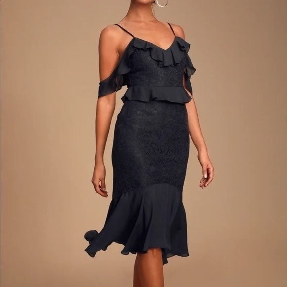 LULUS DANCE OF ROMANCE BLACK LACE COLD SHOULDER MIDI RUFFLE FLOUNCE FITTED DRESS - Picture 3 of 11